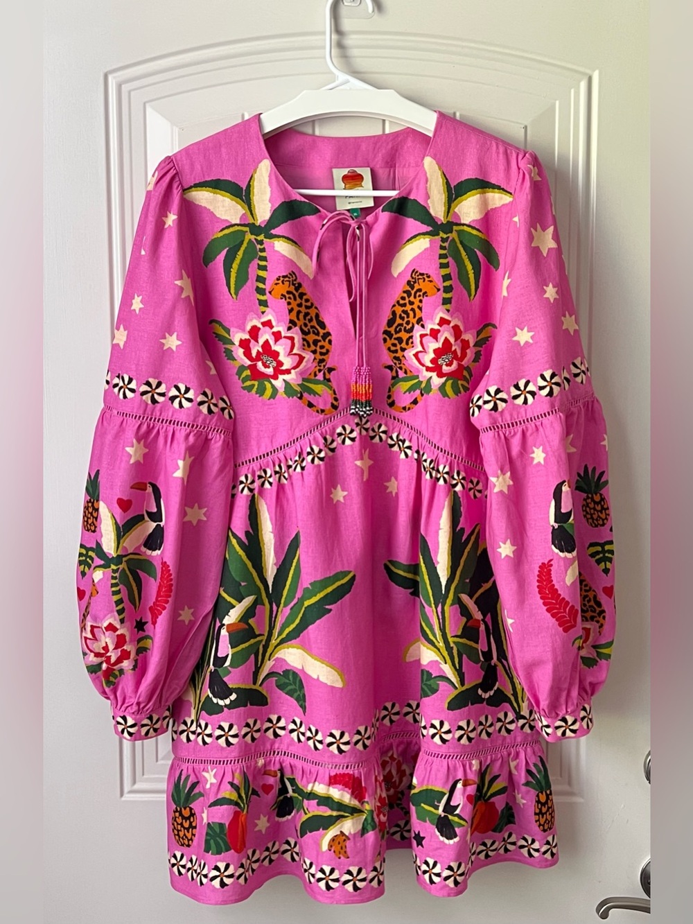 Farm Rio Leopard Forest Mini Dress XL Pink Linen Blend Tropical - Picture 4 of 16